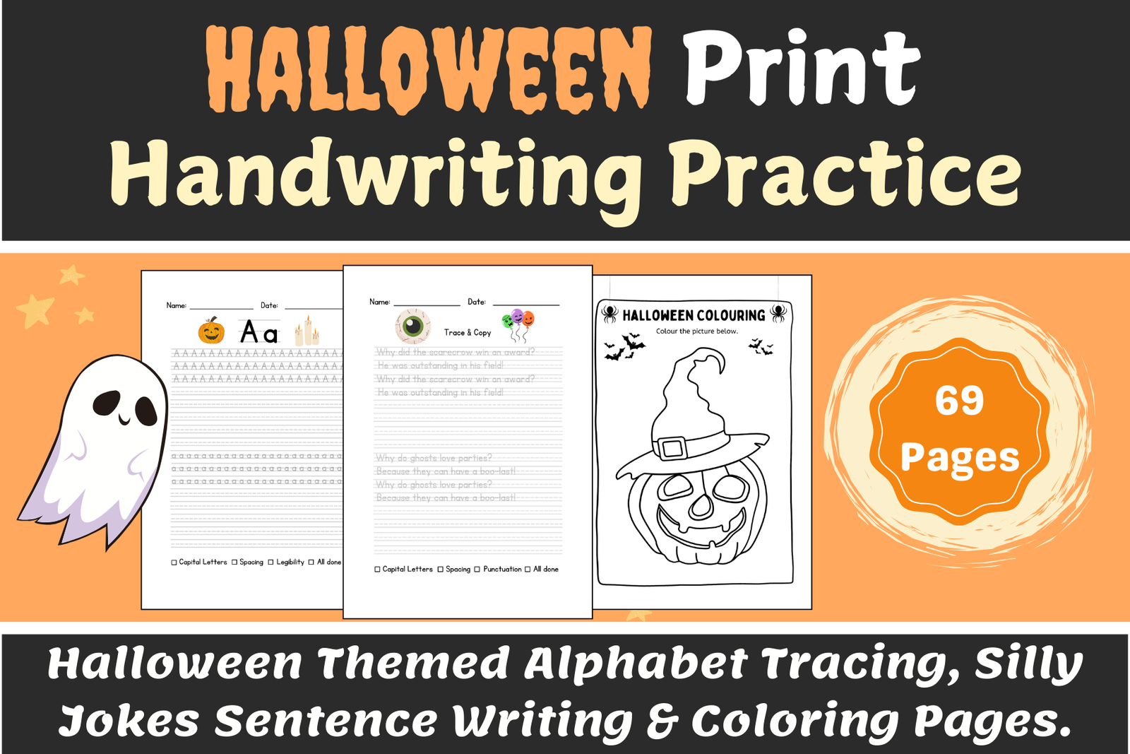 Halloween handwriting practice book, 69 pages, alphabet tracing.