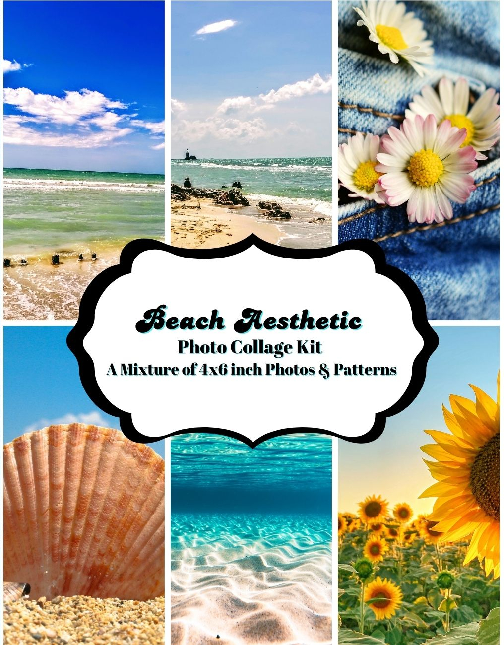 Beach collage kit with seaside and floral photos.