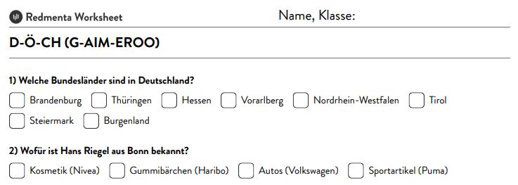 German quiz worksheet with questions and checkboxes.