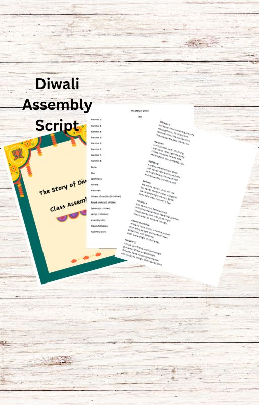 Diwali assembly script documents on wooden background.