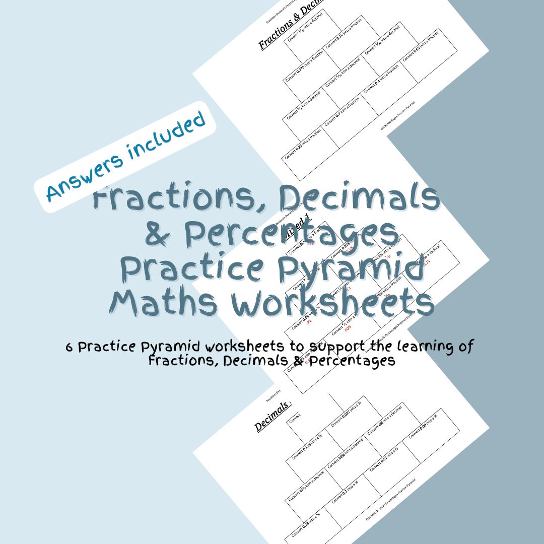 Fractions, decimals, percentages worksheets with answers included.