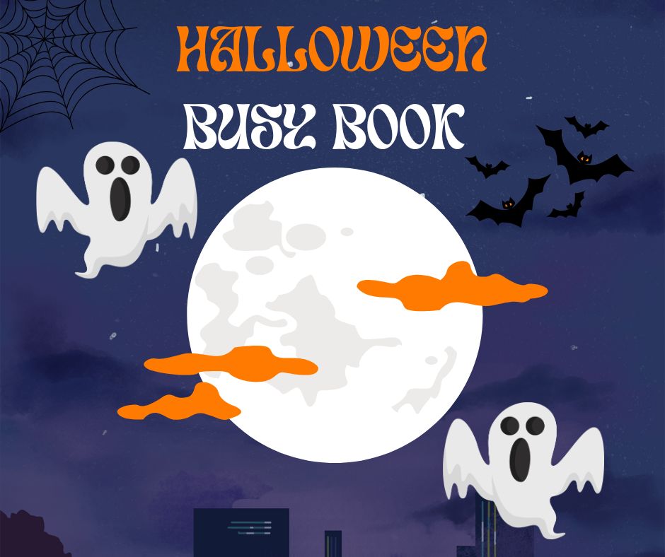 Spooky Halloween book cover with ghosts and bats.