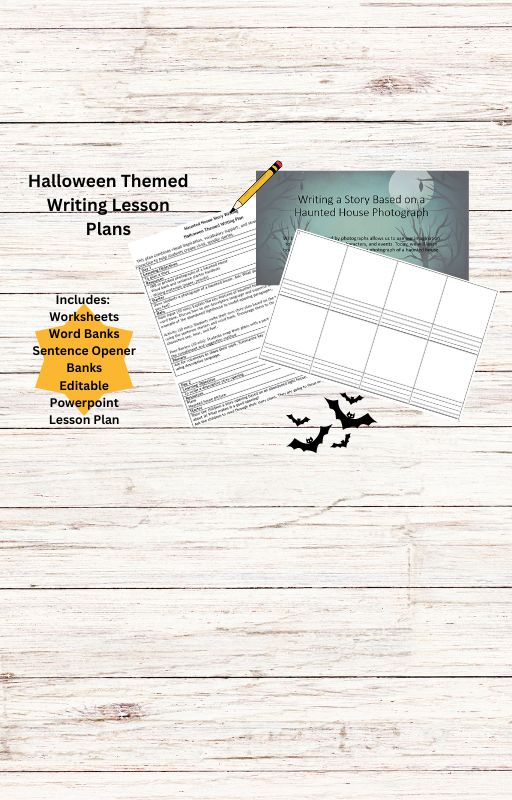 Halloween writing lesson plan materials on wooden background.