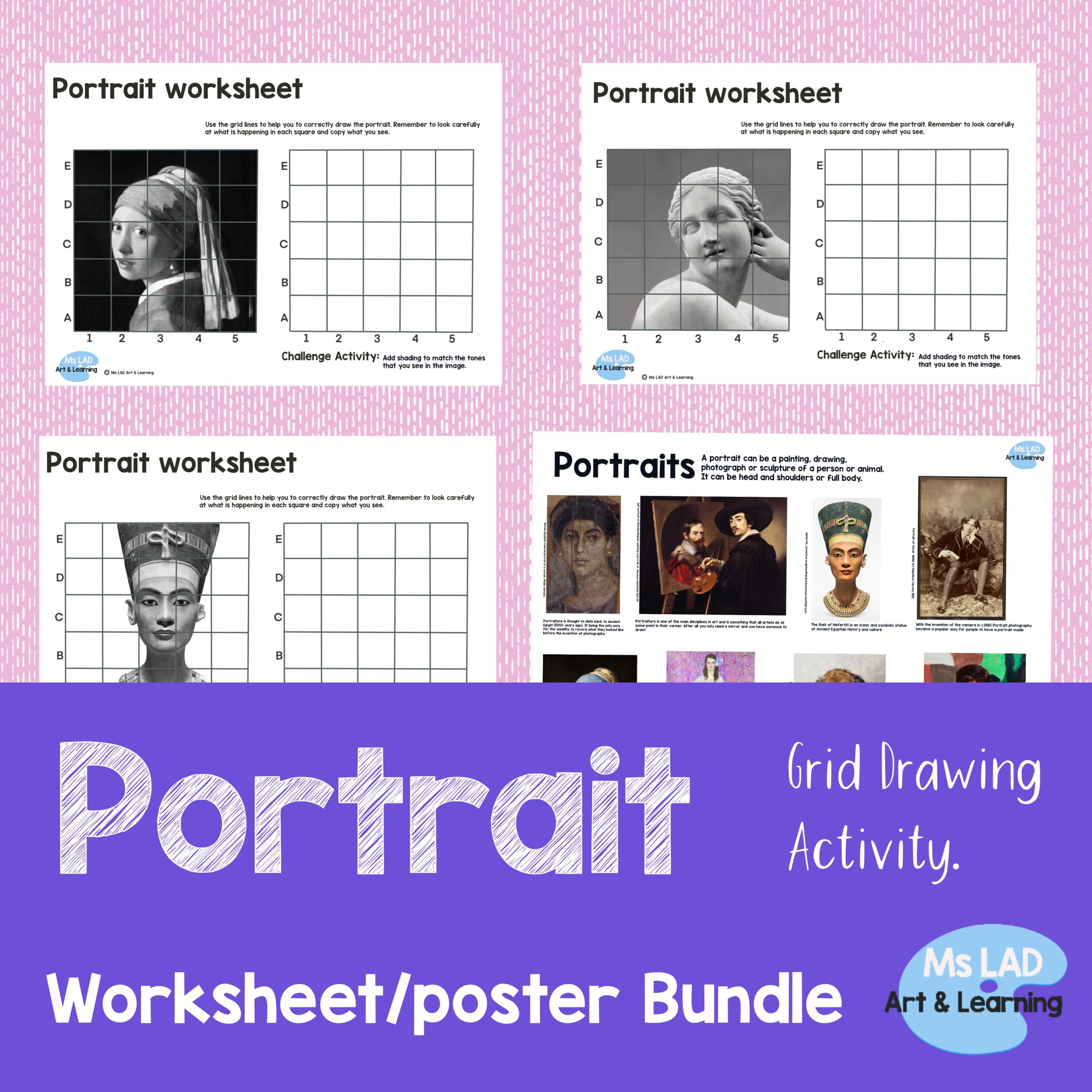 Portrait grid drawing worksheet poster bundle.