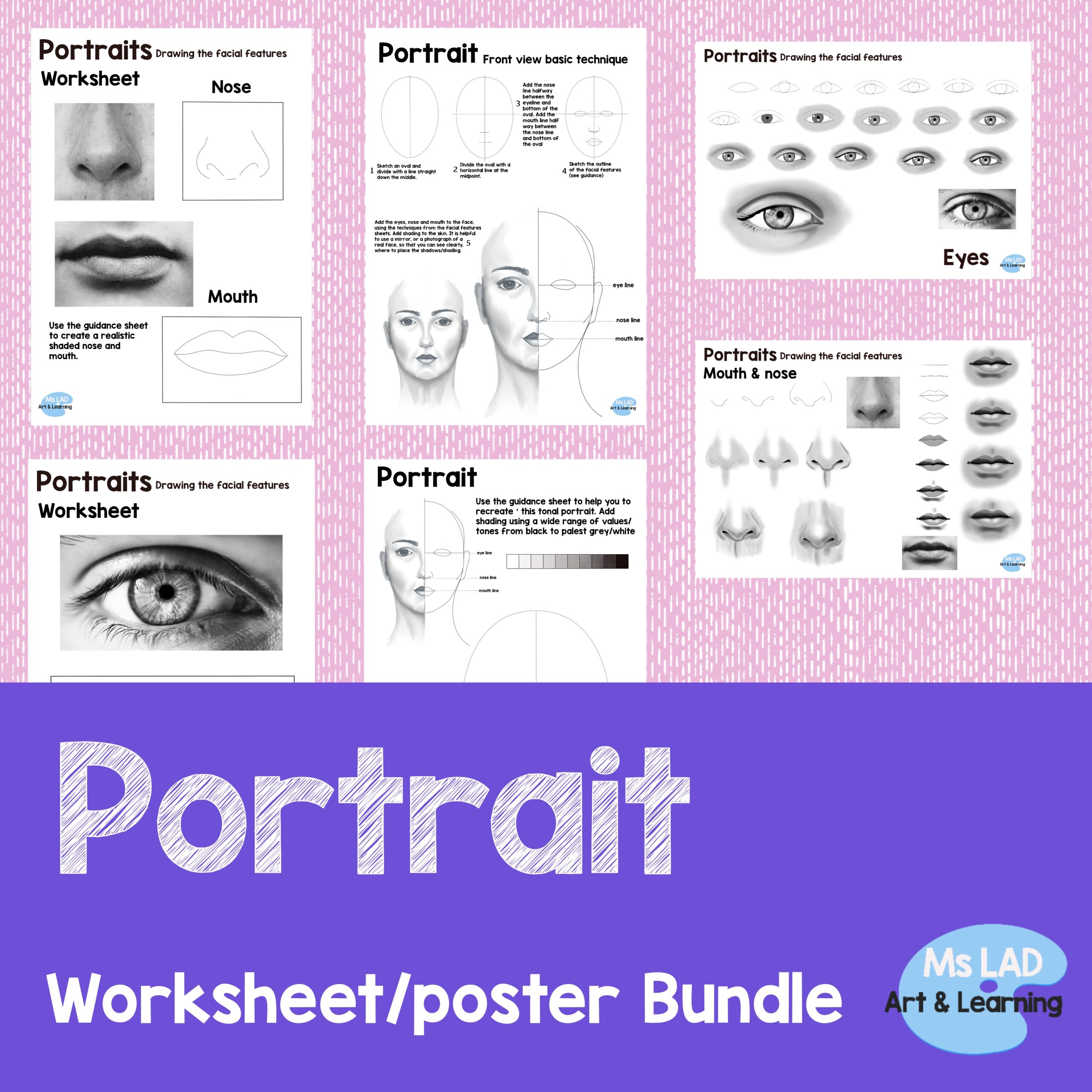 Portrait drawing worksheets and poster bundle.