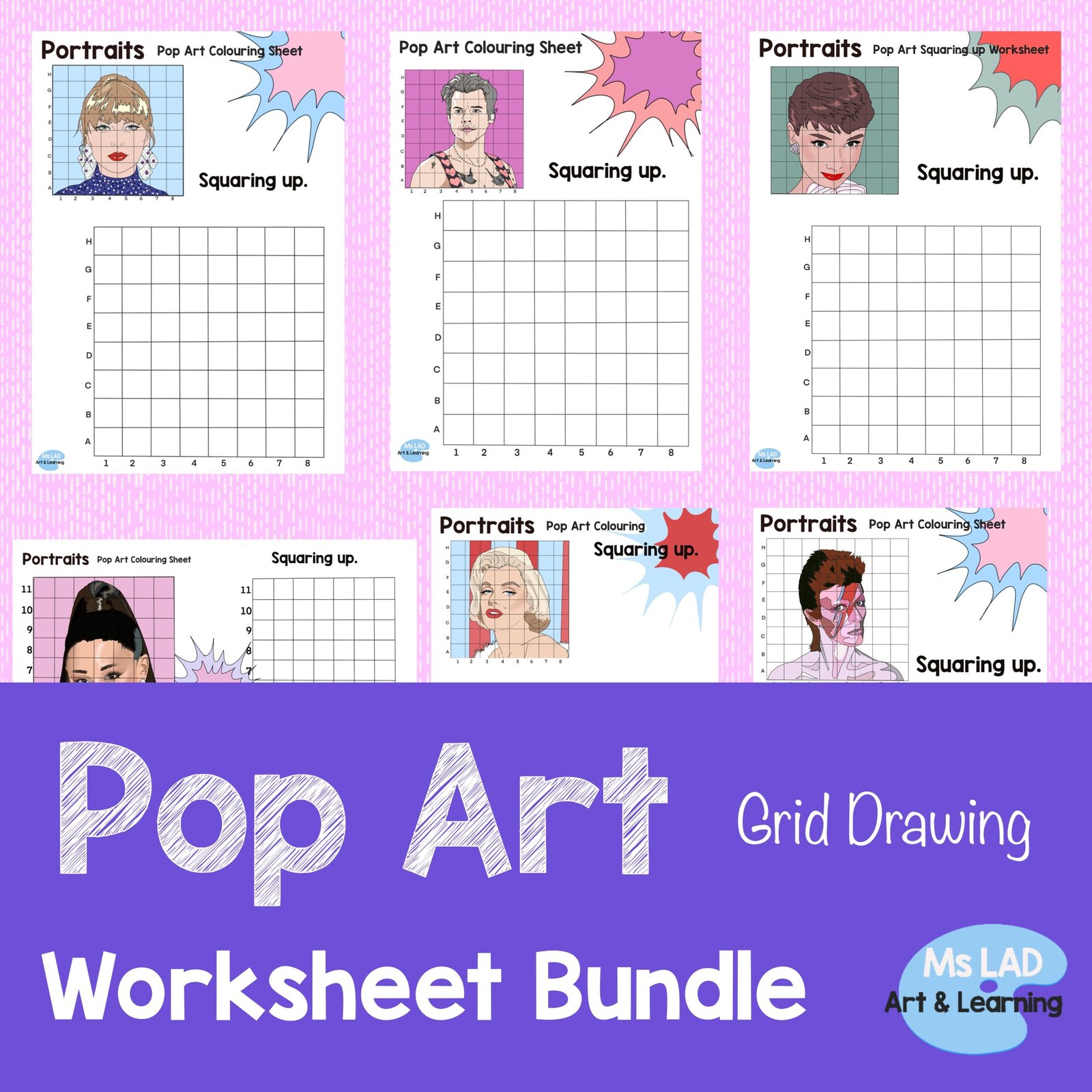 Pop Art grid drawing worksheet bundle