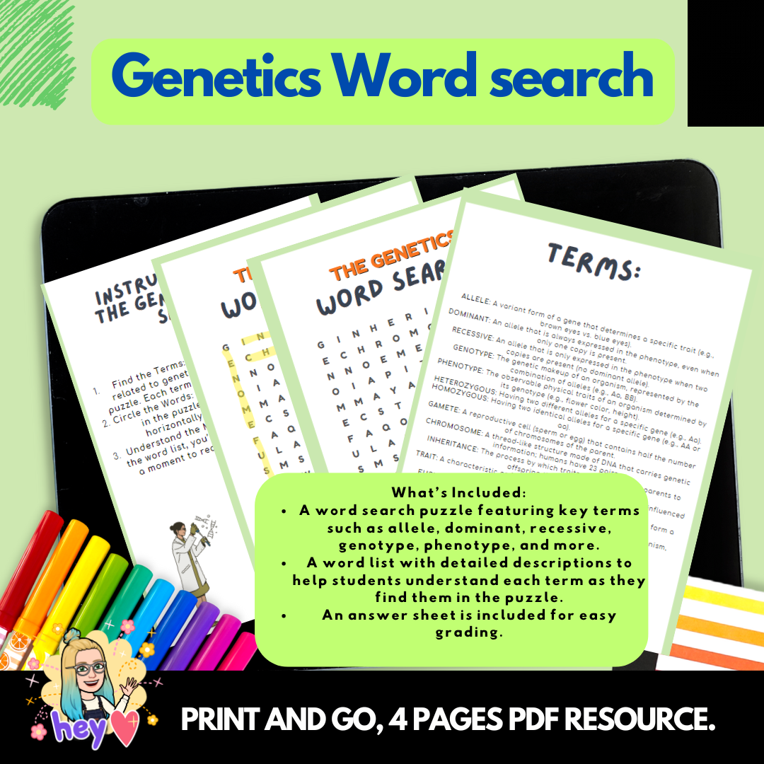 Printable genetics word search puzzle PDF.