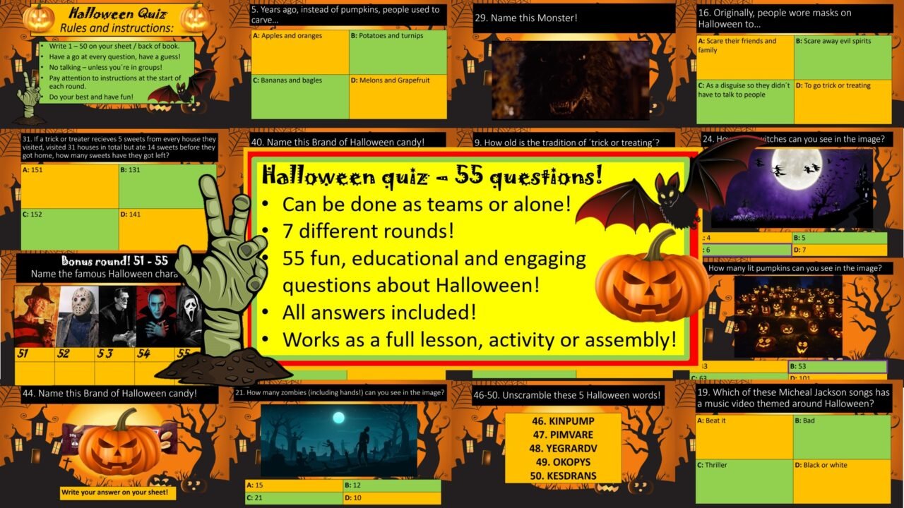 Halloween quiz poster with 55 questions and activities.