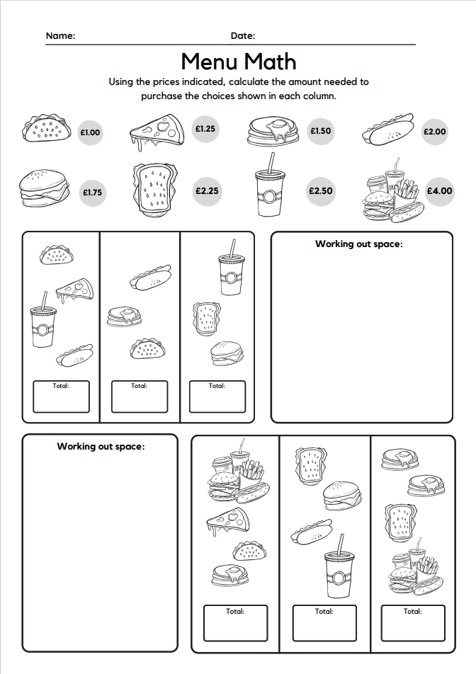 Menu math worksheet for price calculation exercise.