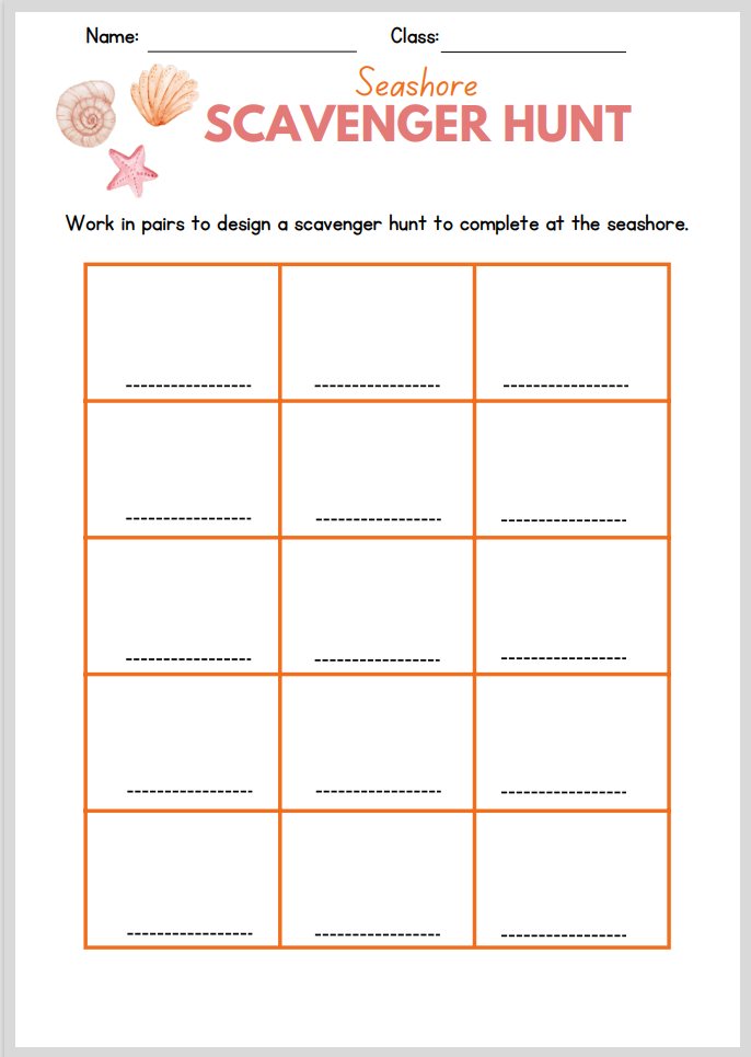 Seashore scavenger hunt worksheet with grid.