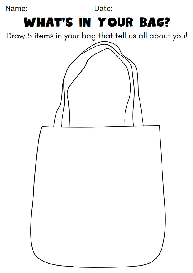 Activity sheet: draw items in a bag illustration.