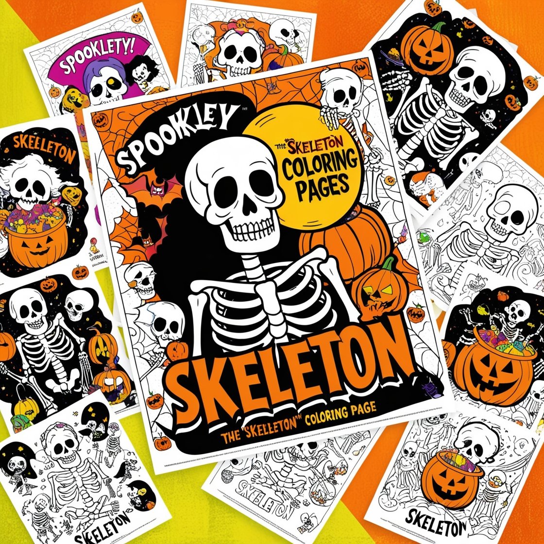 Halloween skeleton colouring pages with pumpkins