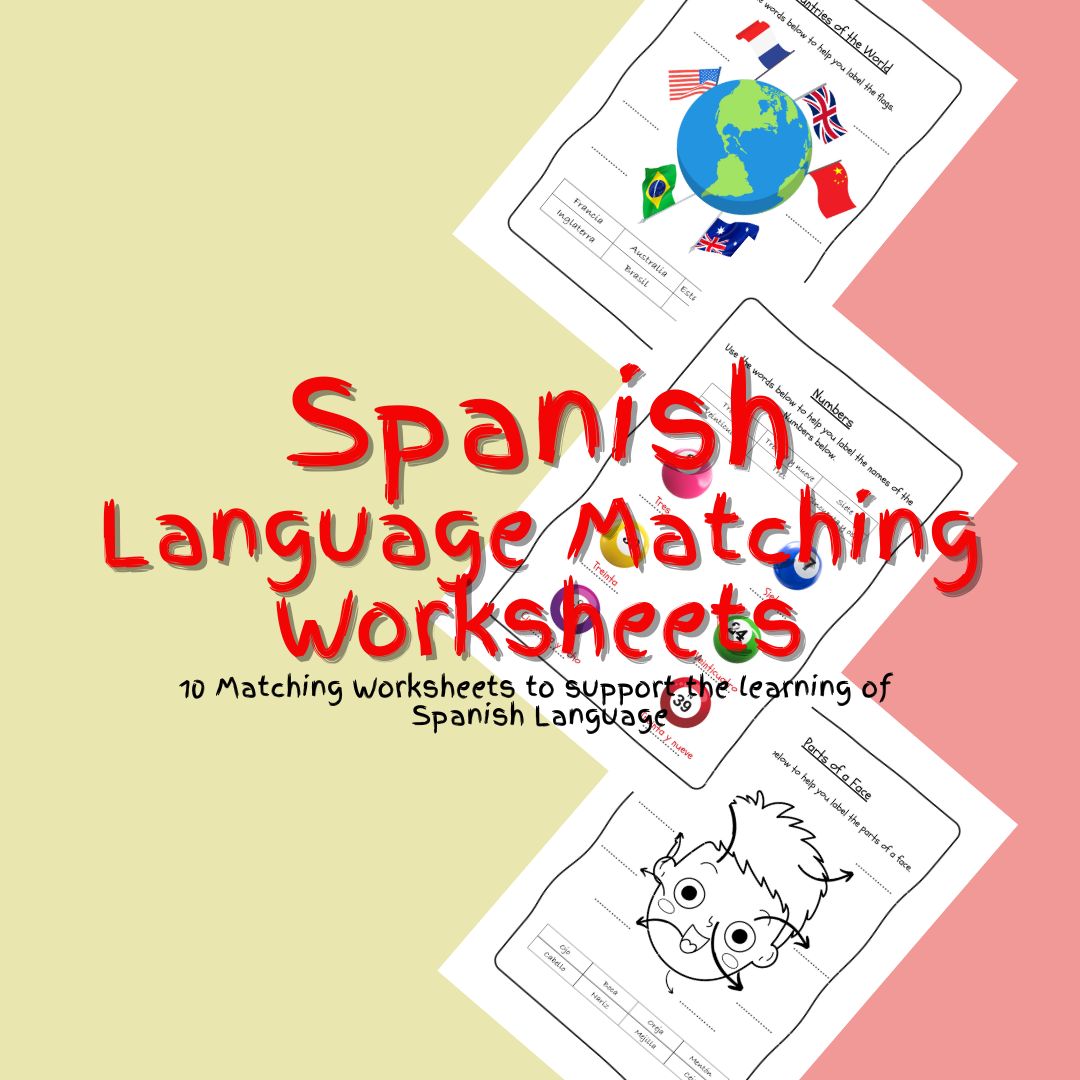 Spanish language learning worksheets for matching exercises.