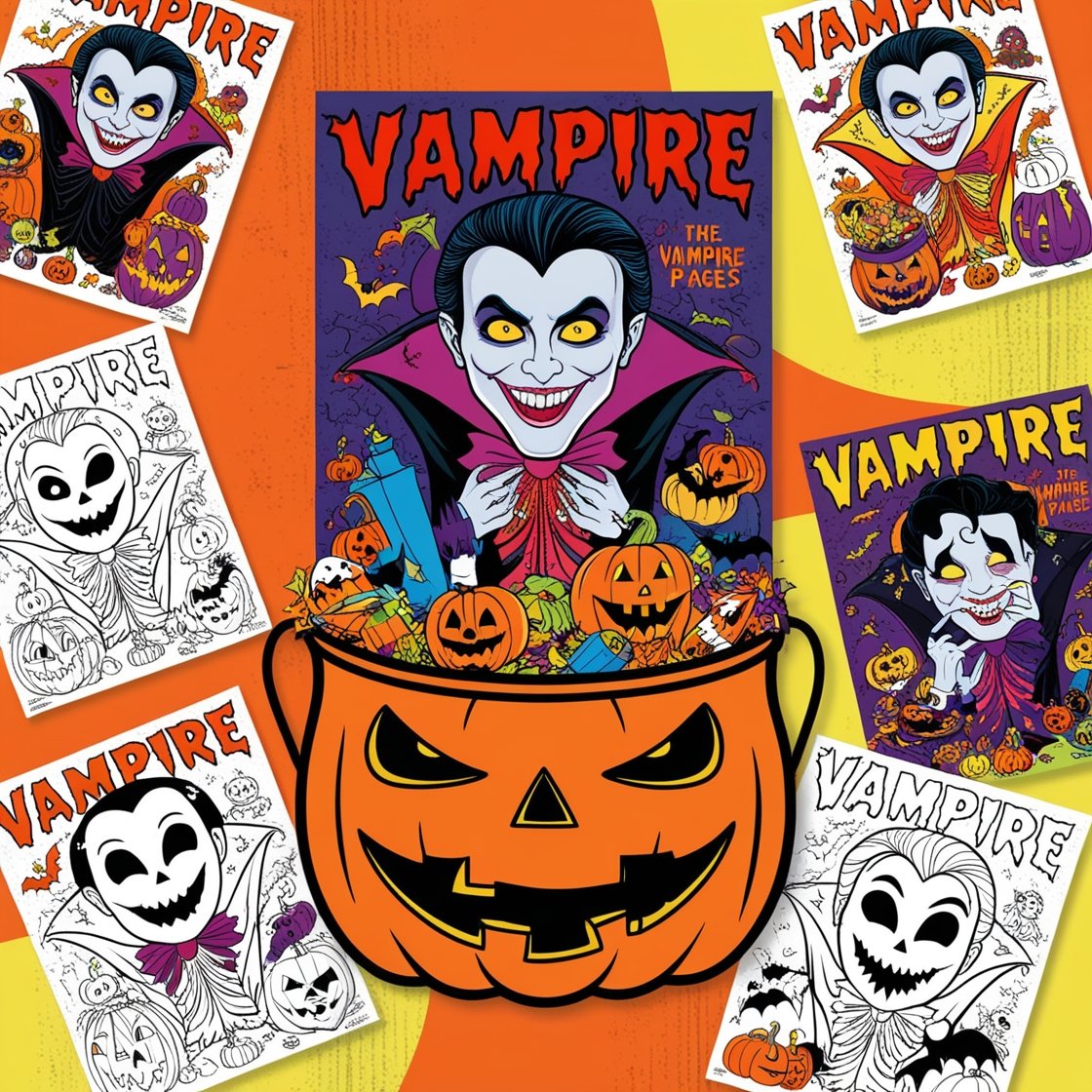 Halloween vampire colouring books with pumpkins and candy