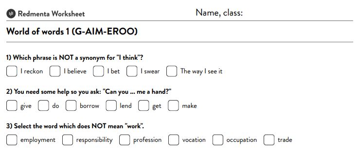 English synonyms and meanings worksheet with three questions.