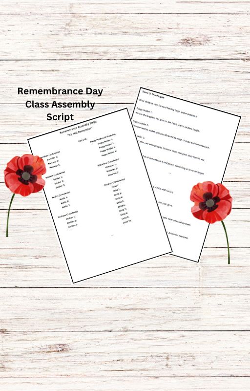 Remembrance Day assembly script with poppy decorations.