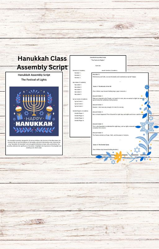 Hanukkah class assembly script with Menorah illustration.