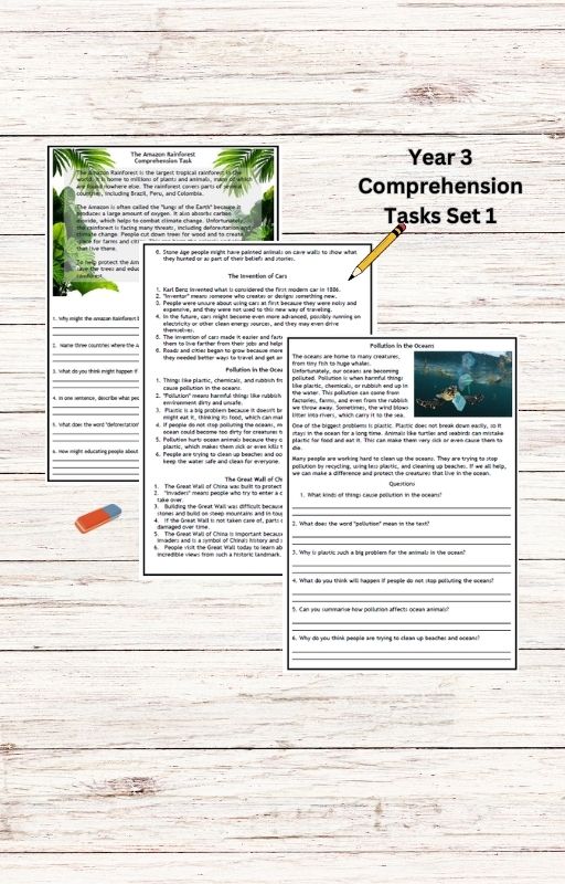 Year 3 comprehension tasks on wooden background.