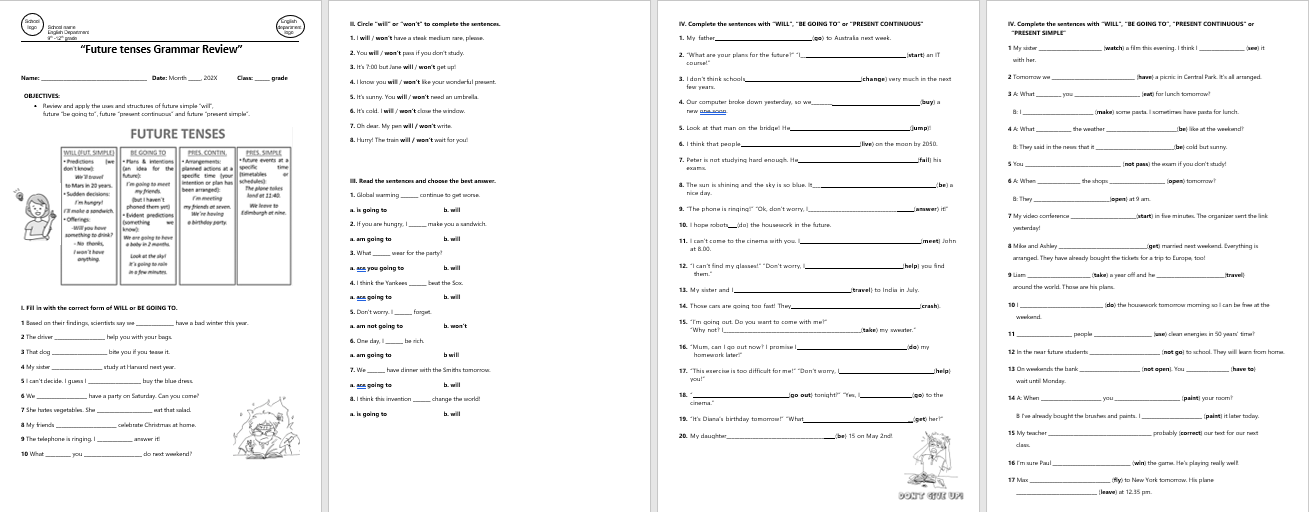 Grammar review worksheet on future tense exercises.