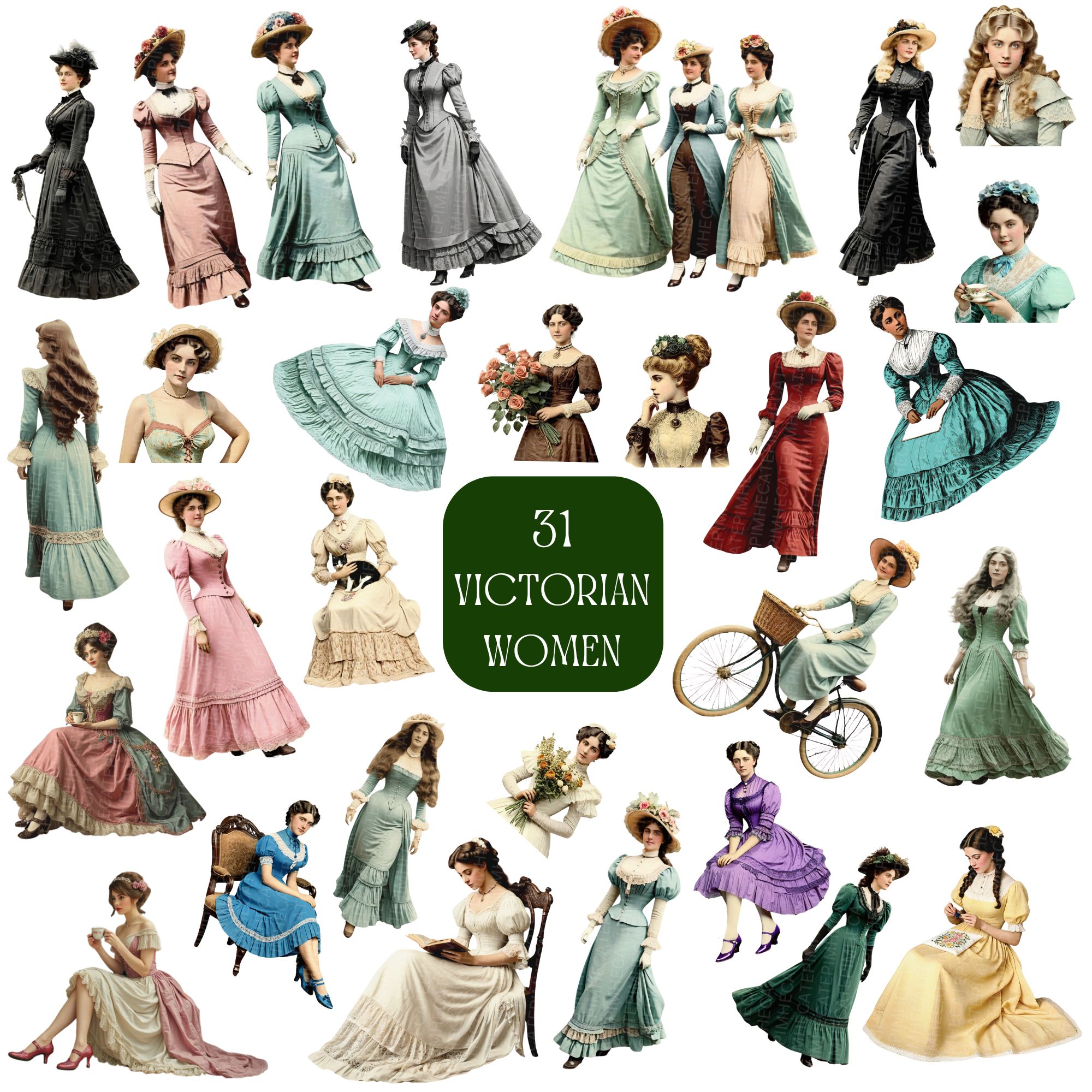 Victorian women in elaborate dresses, historical fashion illustration.