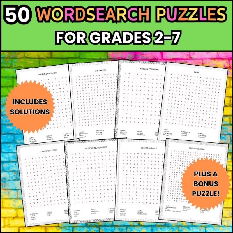 50 educational wordsearch puzzles with solutions for kids