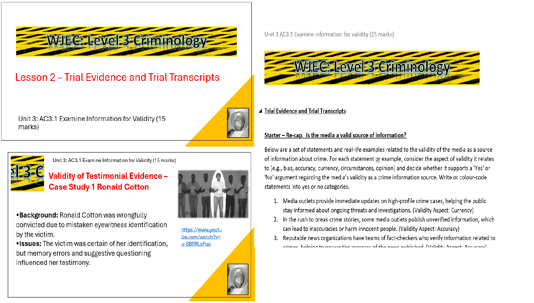 Criminology lesson on trial evidence, validity, and case study.