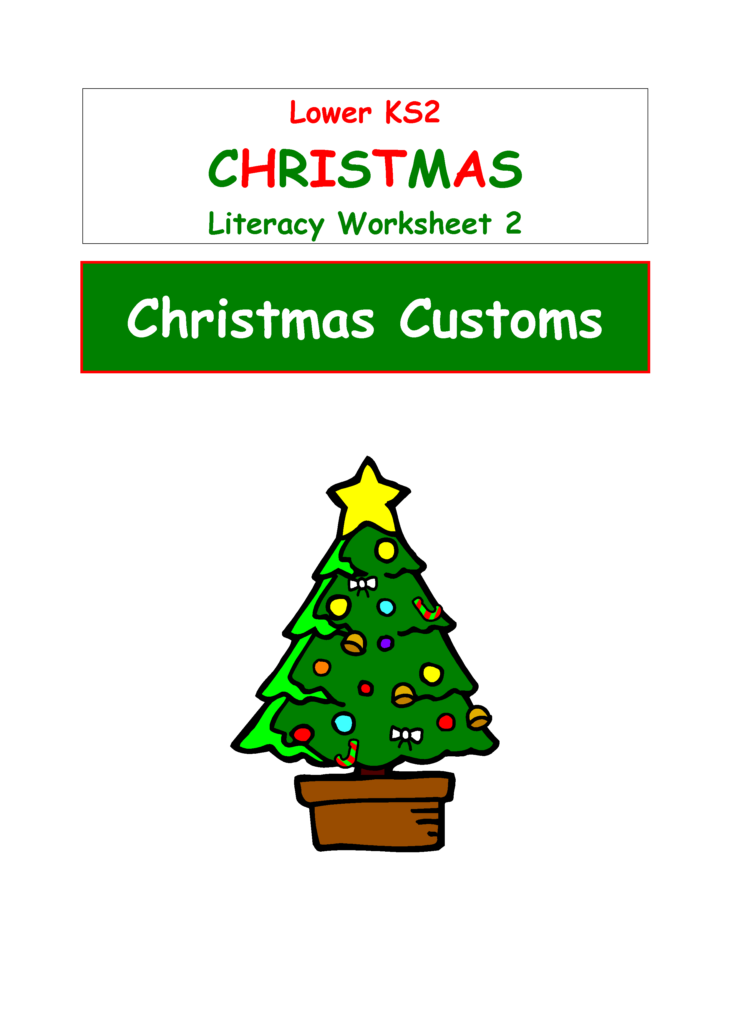 Lower KS2 Christmas literacy worksheet, Christmas tree illustration.