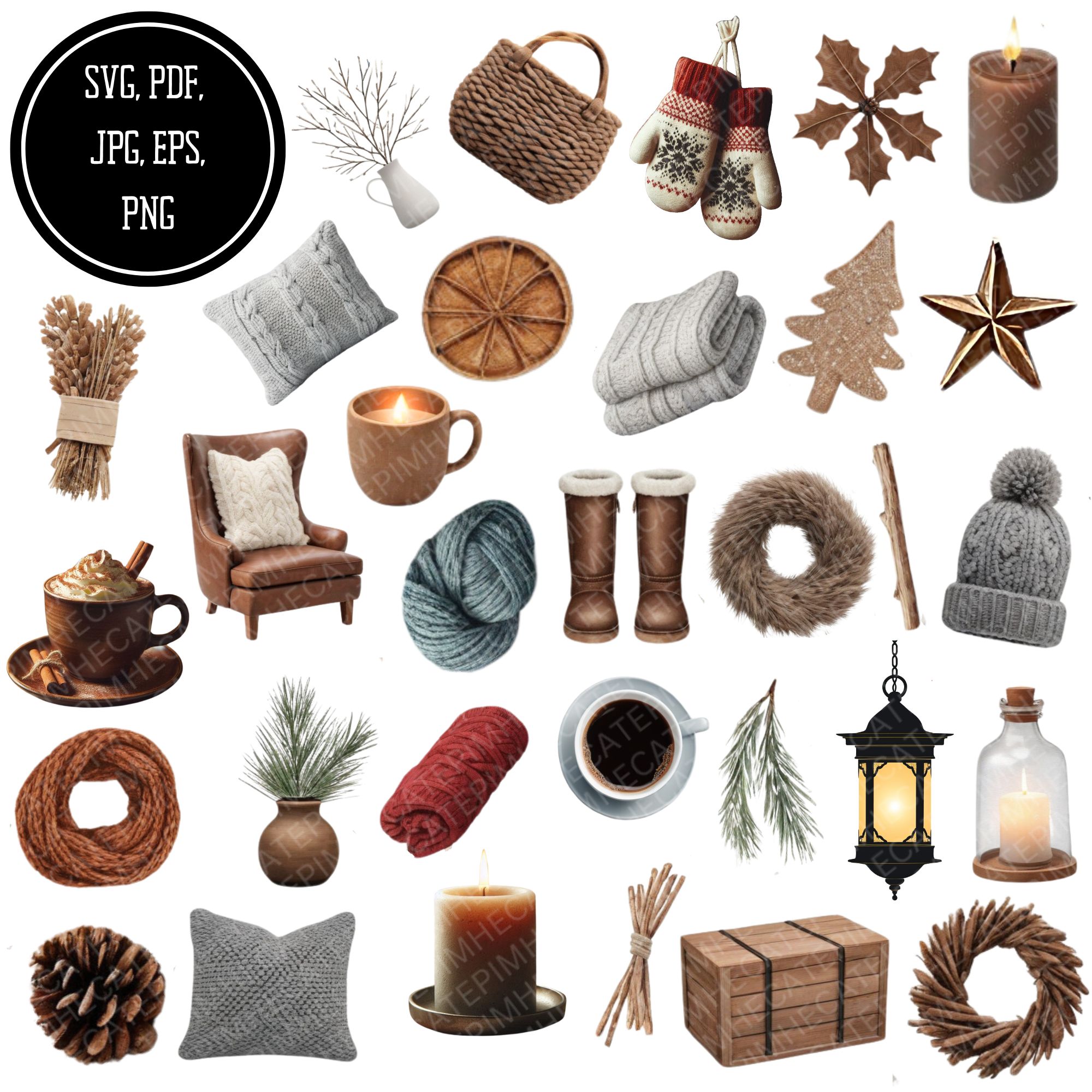 Collection of cosy winter decor items and accessories.