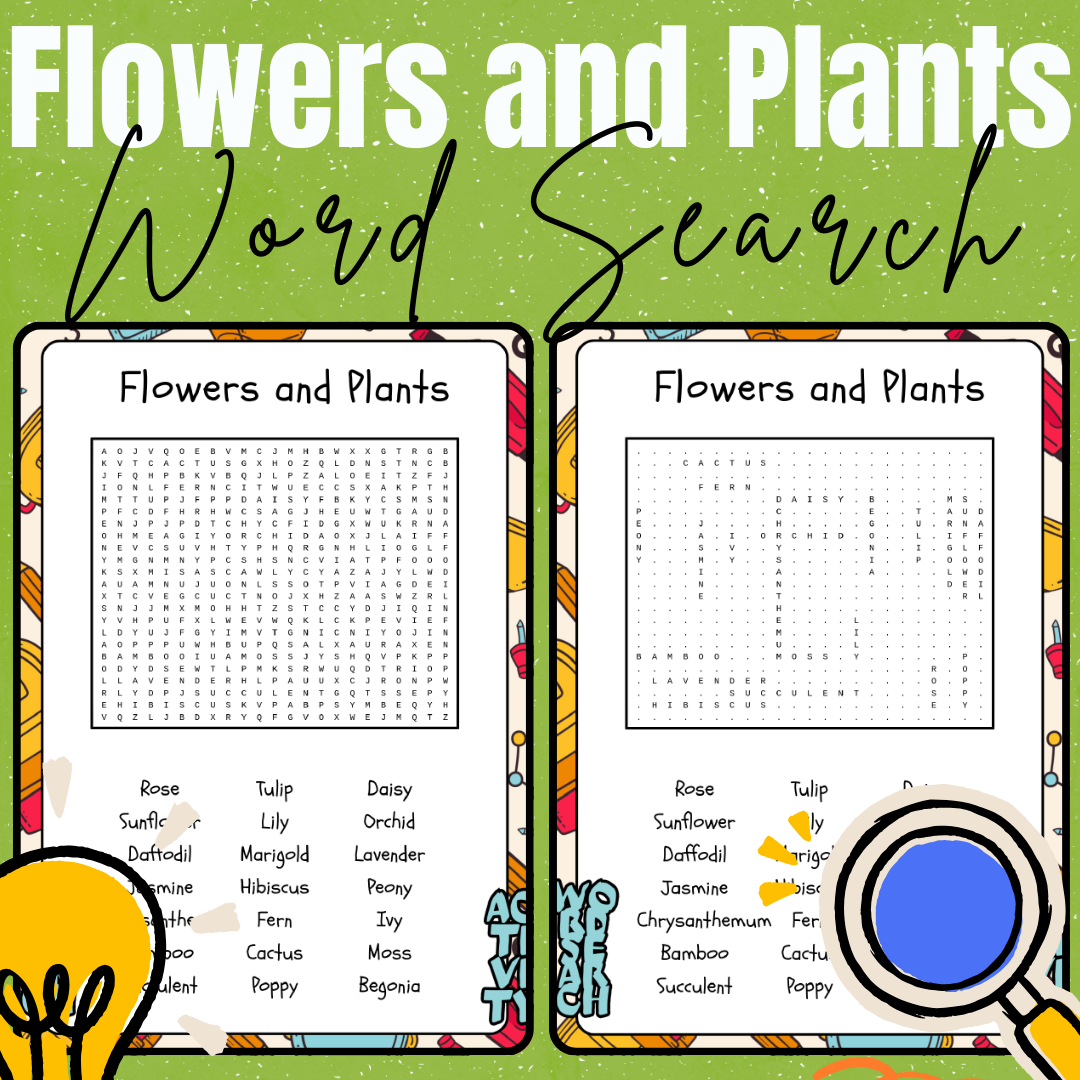 Flowers and plants word search puzzle for kids.