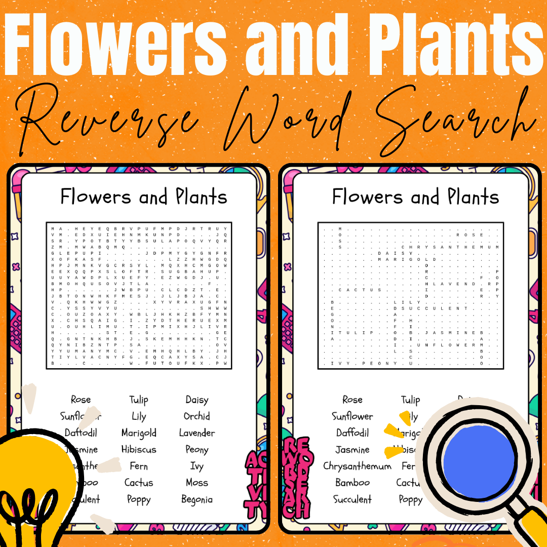 Flowers and plants reverse word search puzzles.