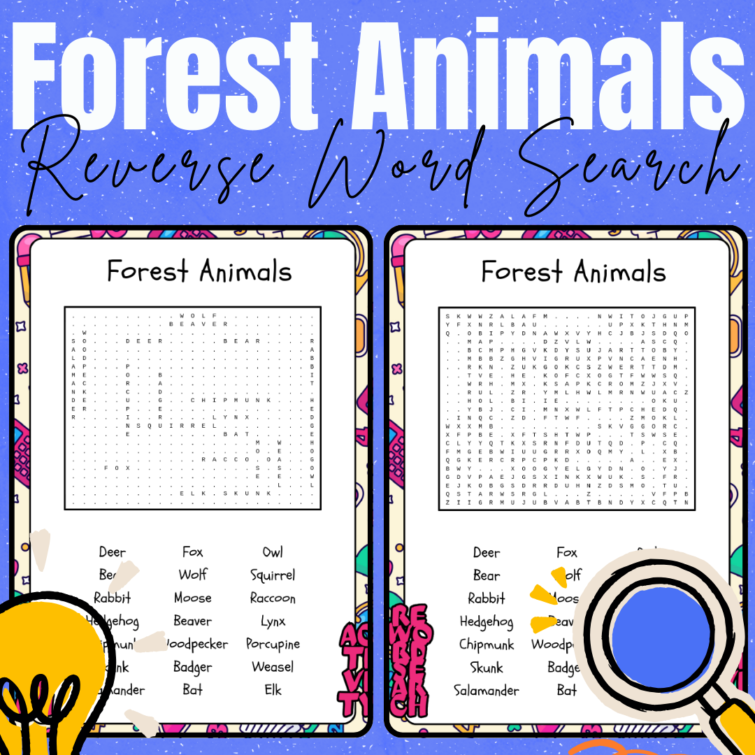 Forest animals reverse word search puzzle.