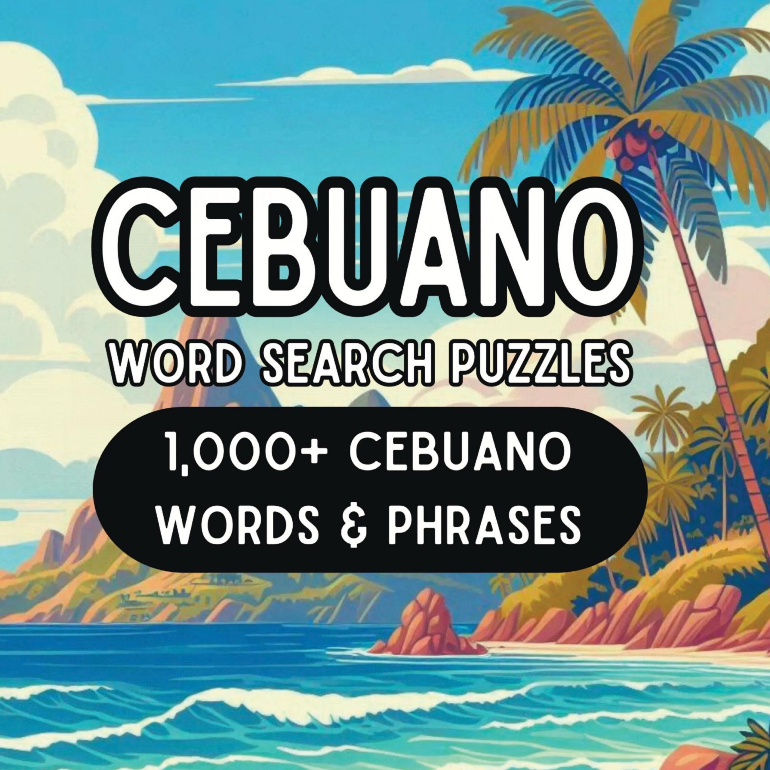 Cebuano word search puzzles with tropical beach background.