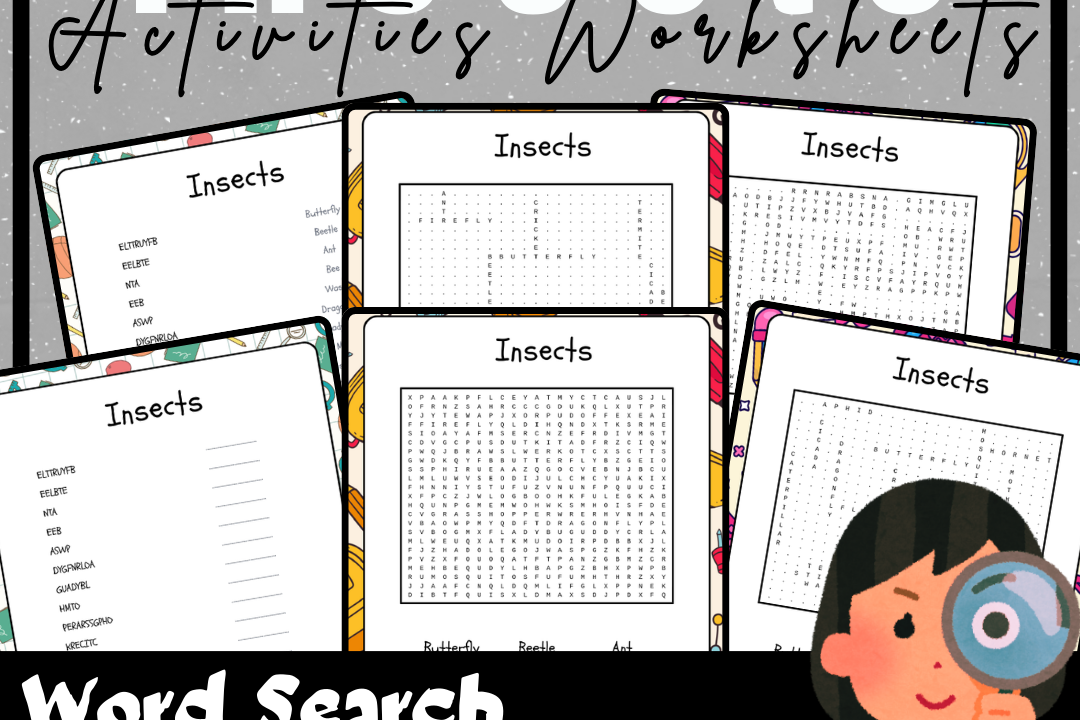 Insect activities worksheets: word search, scramble, reverse search.