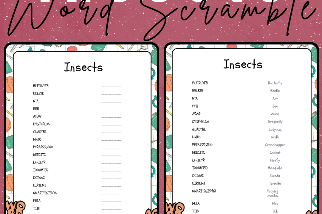 Insect word scramble puzzle sheets.