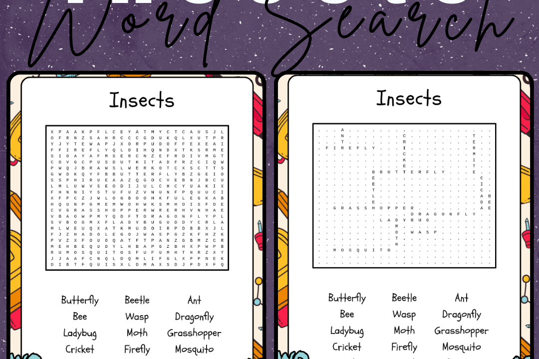 Printable insect-themed word search puzzles for kids.