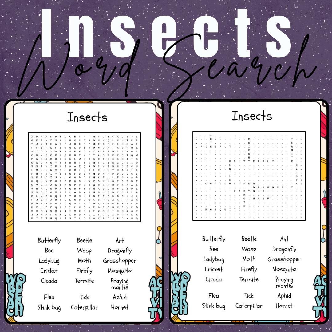 Printable insect-themed word search puzzles for kids.