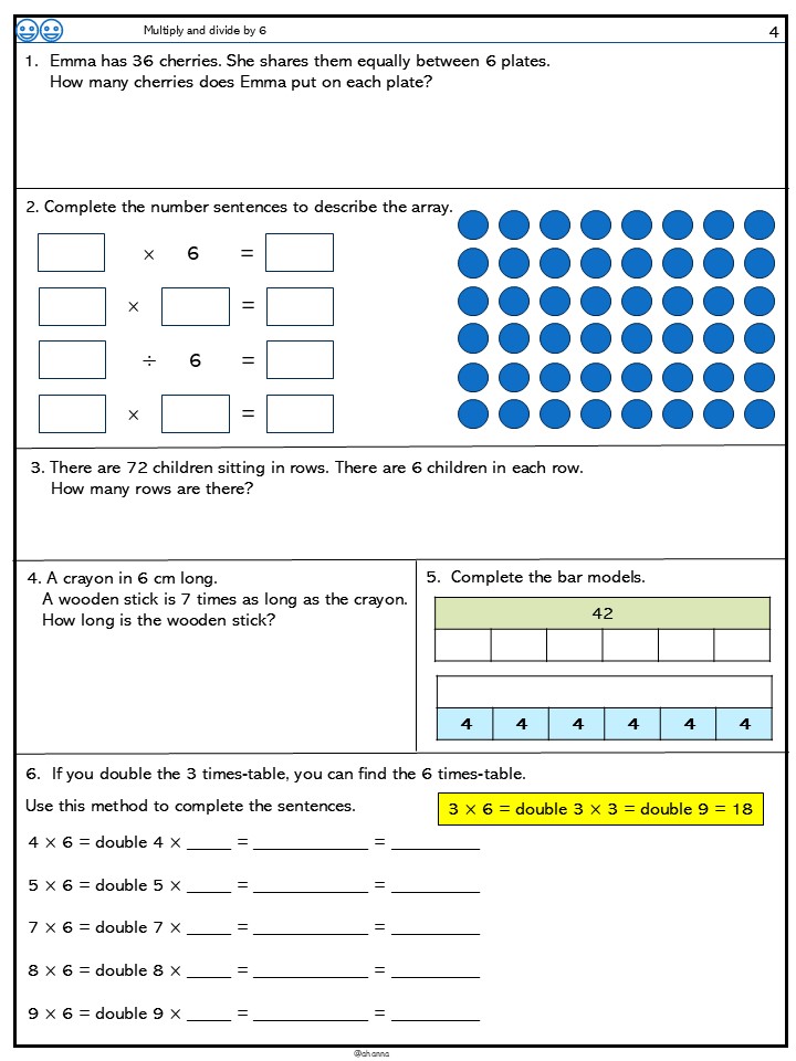 Math worksheet on multiplying and dividing by 6.