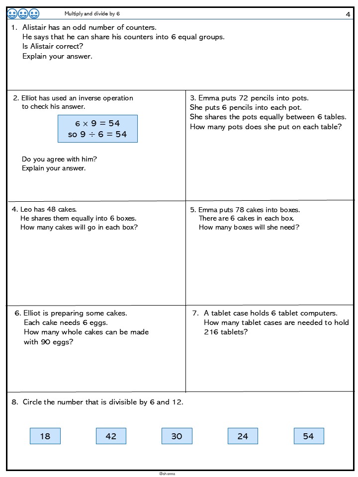 Math worksheet on division and multiples of six.