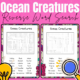 Ocean creatures reverse word search puzzle, pink background.