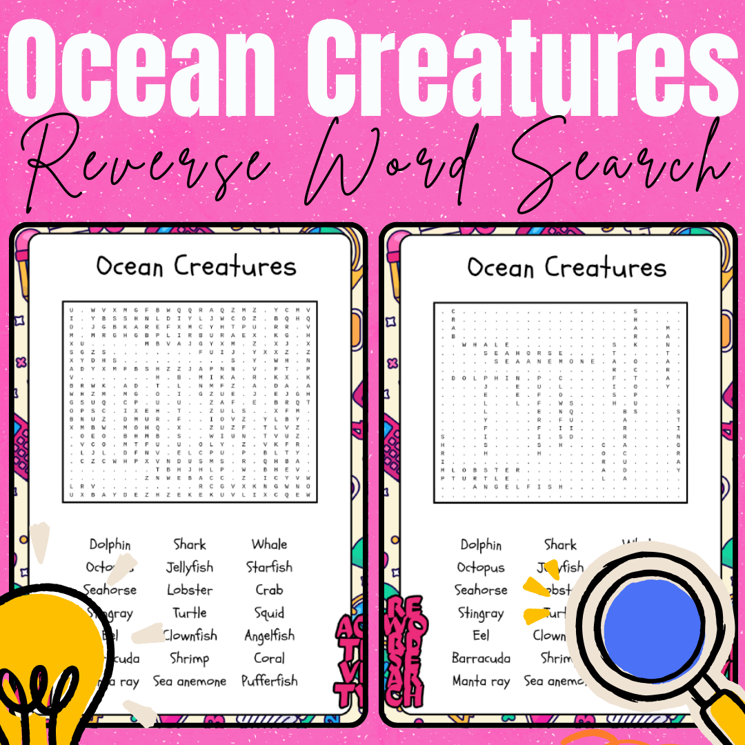 Ocean creatures reverse word search puzzle, pink background.