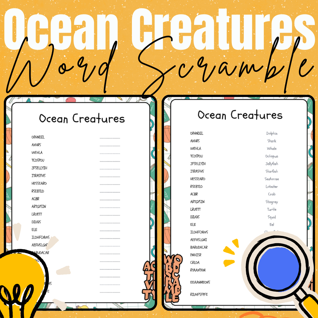 Ocean creatures word scramble puzzle activity.