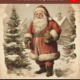 Santa Claus holding gifts in snowy village scene.