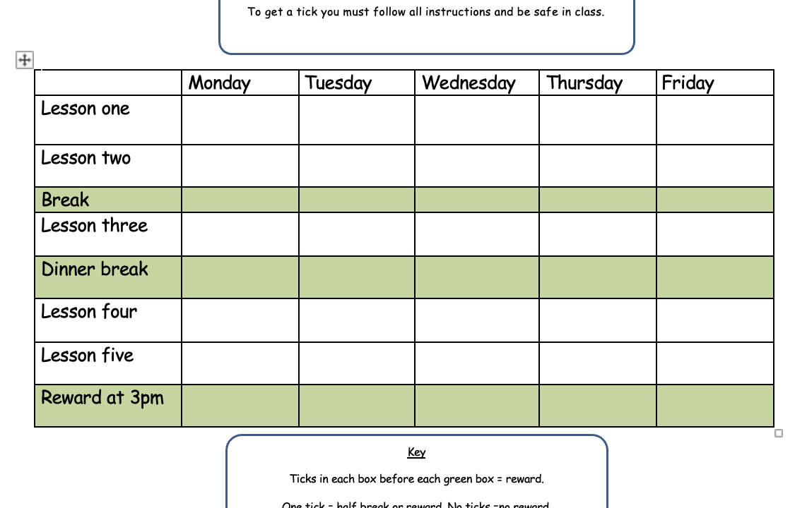 Weekly lesson schedule with breaks and reward system.
