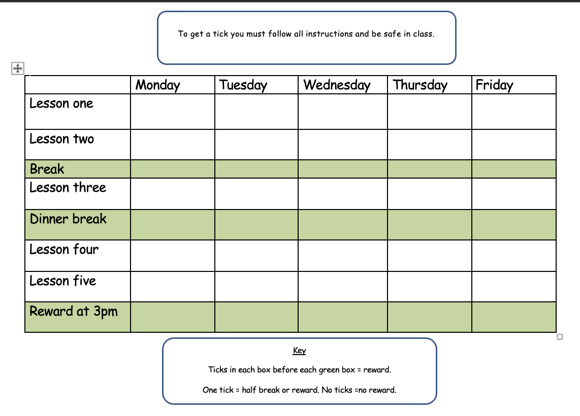 Weekly lesson schedule with breaks and reward system.