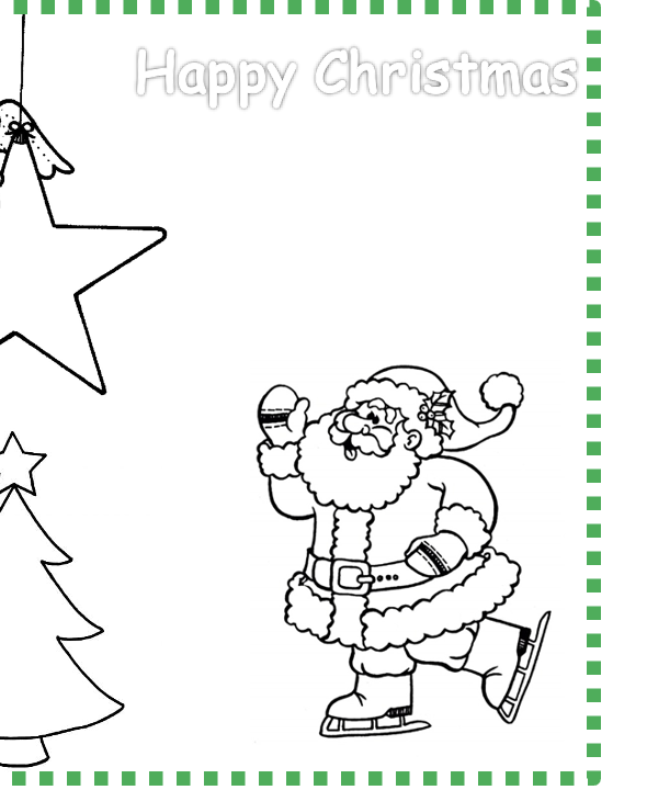 Santa ice skating Christmas illustration with star and tree.