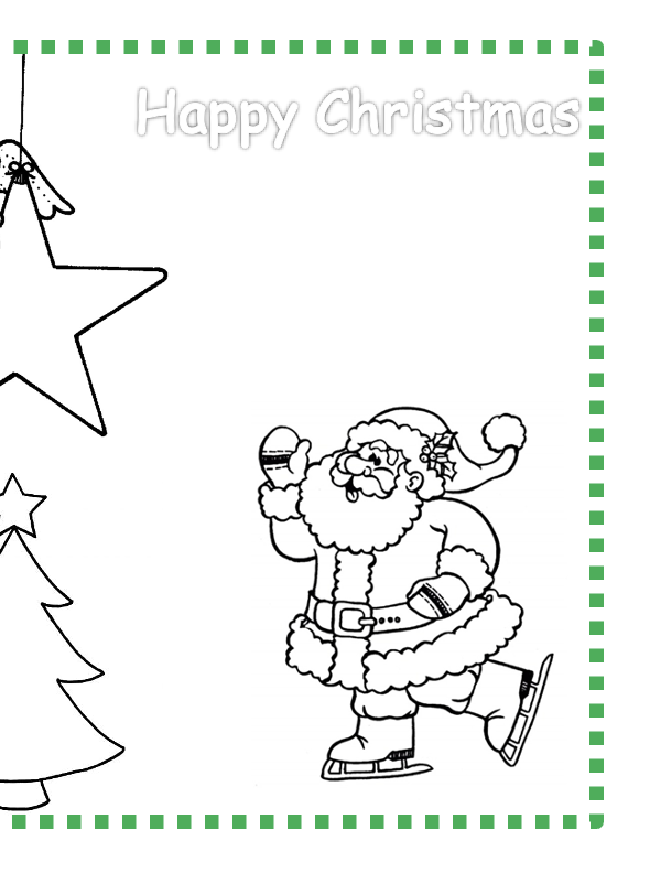 Santa ice skating Christmas illustration with star and tree.