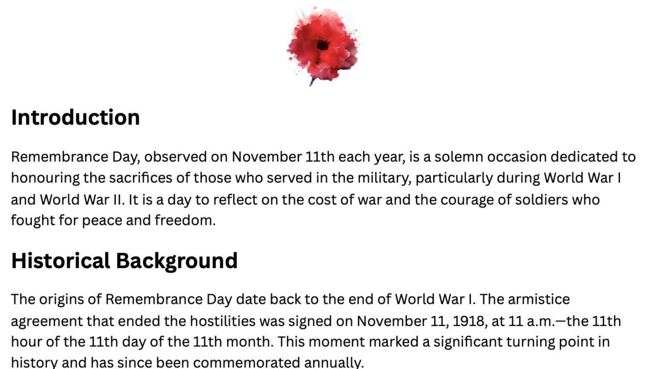 Remembrance Day overview with red poppy illustration.