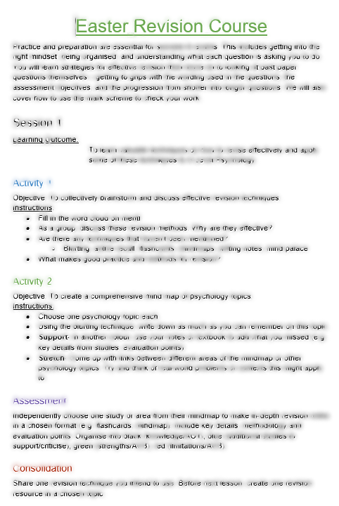 Easter revision course outline with activities and objectives.