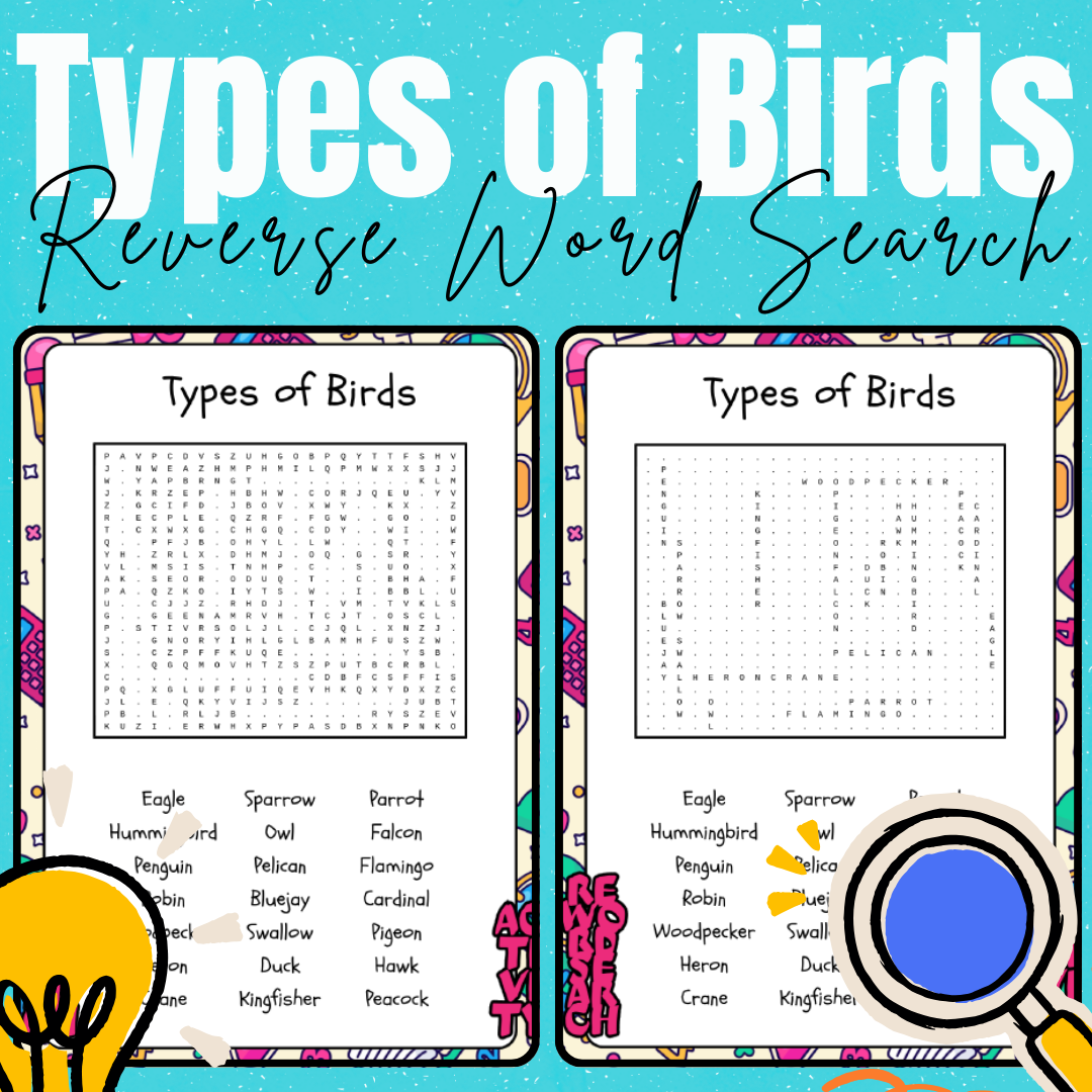 Birds word search puzzle game.