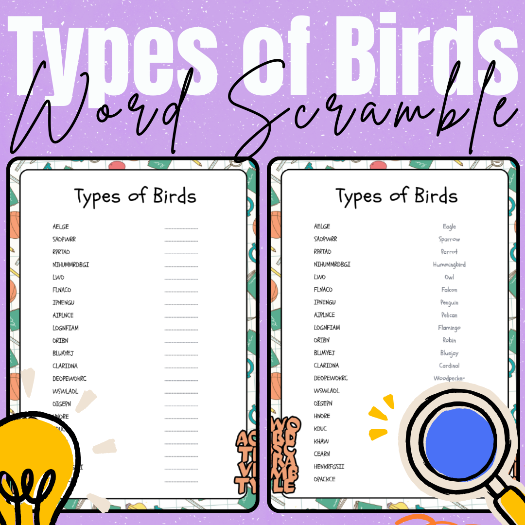 Bird-themed word scramble puzzle activity sheet.